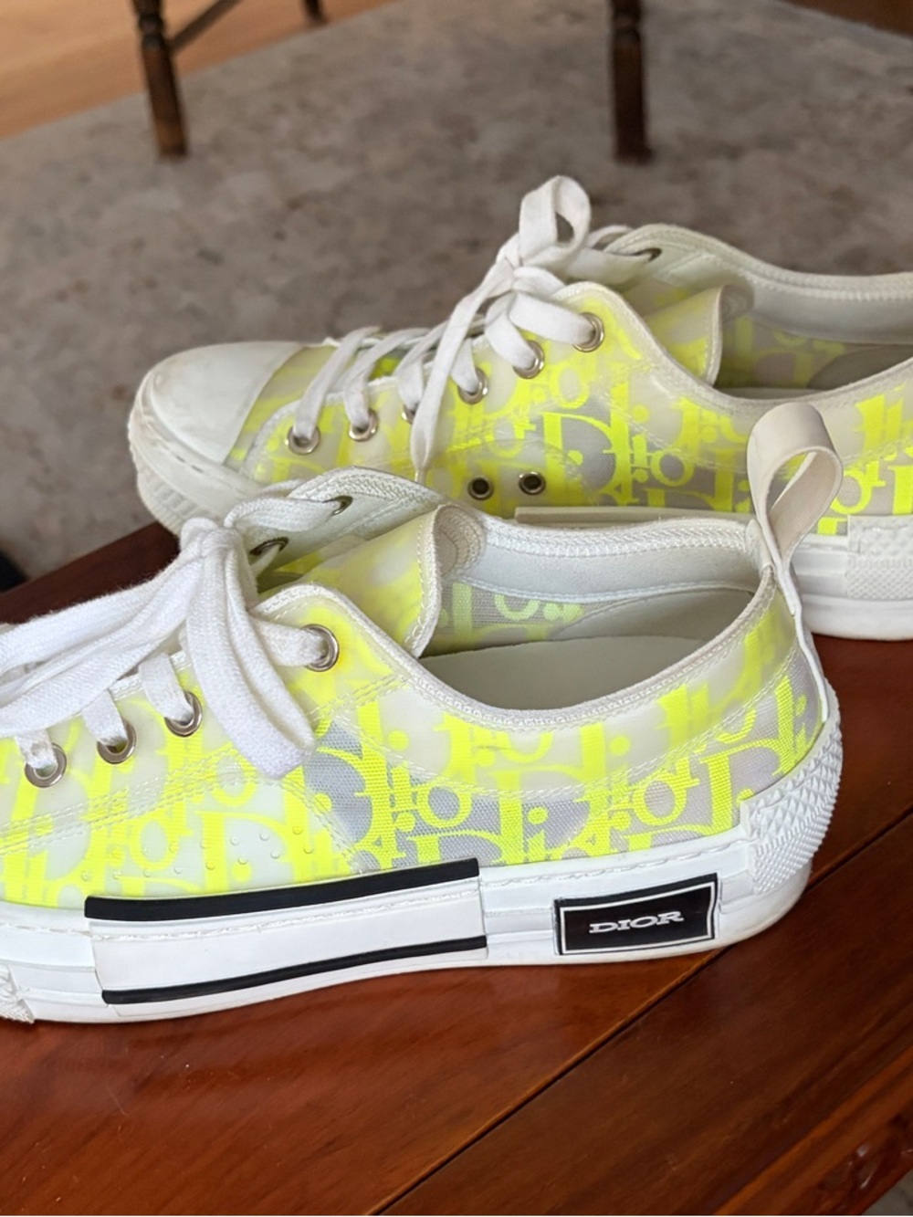 Dior White & Neon Yellow Monogram Low-Top Sneakers